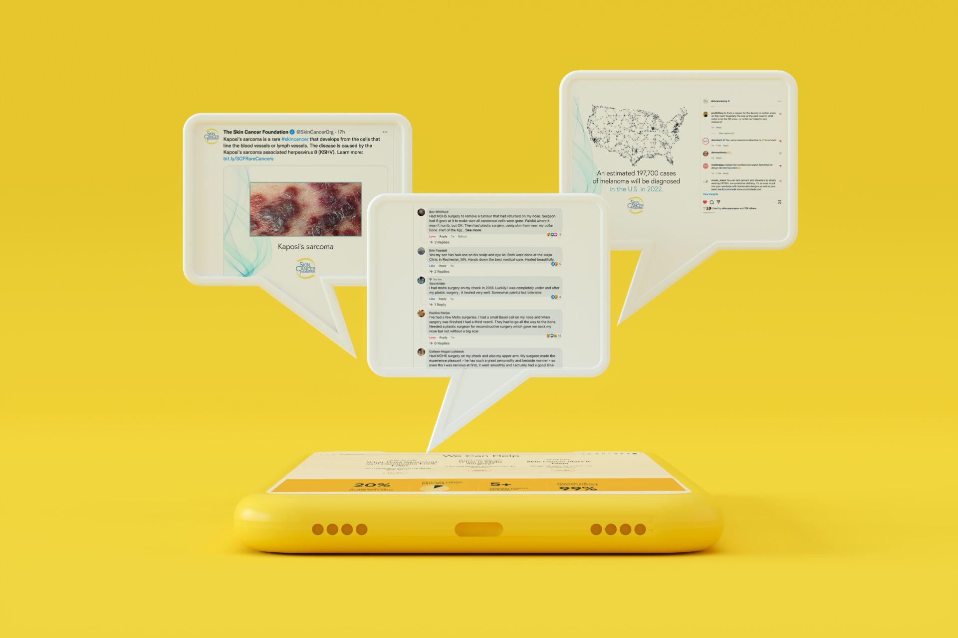 Connect The Skin Cancer Foundation picture of a yellow cellphone displaying snips of The Skin Cancer Foundation social media feeds